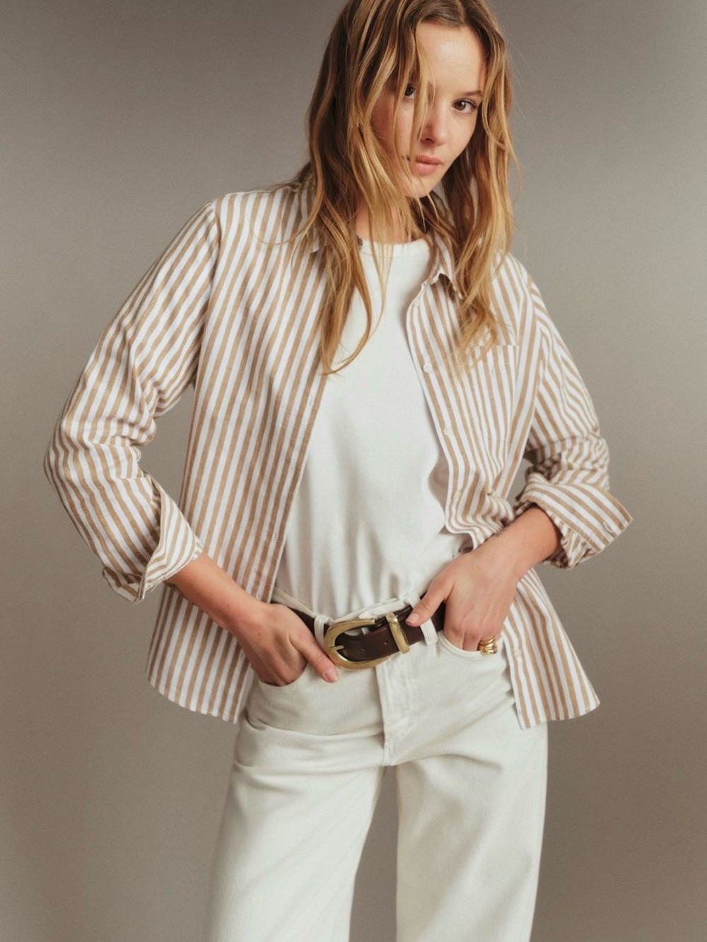 Sezane Tomboy Shirt Ecru / Camel Stripes - Size 8